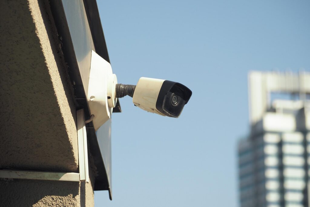 Security camera installed on a building in the city
