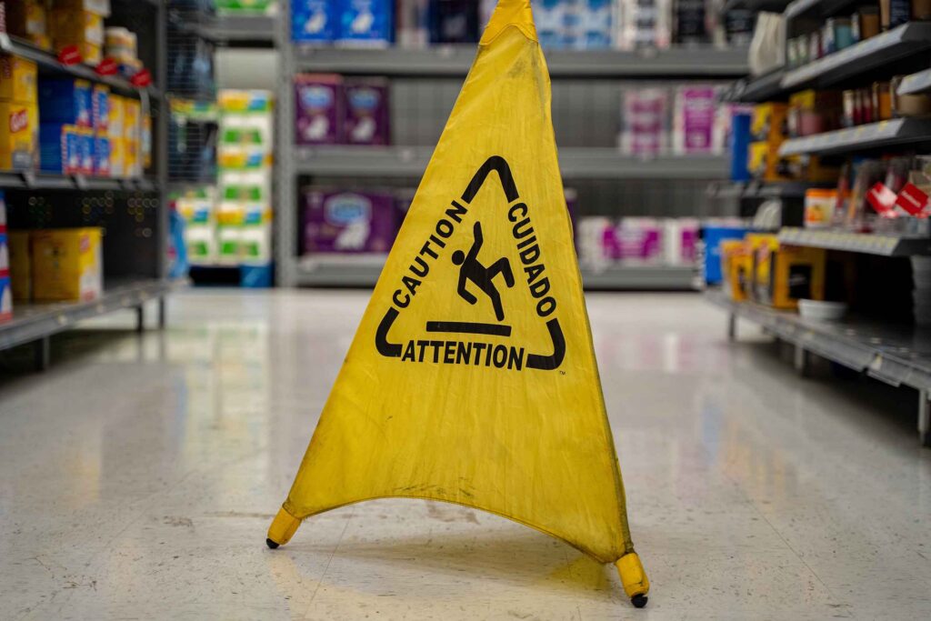 Caution wet floor warning sign inside supermarket aisle.