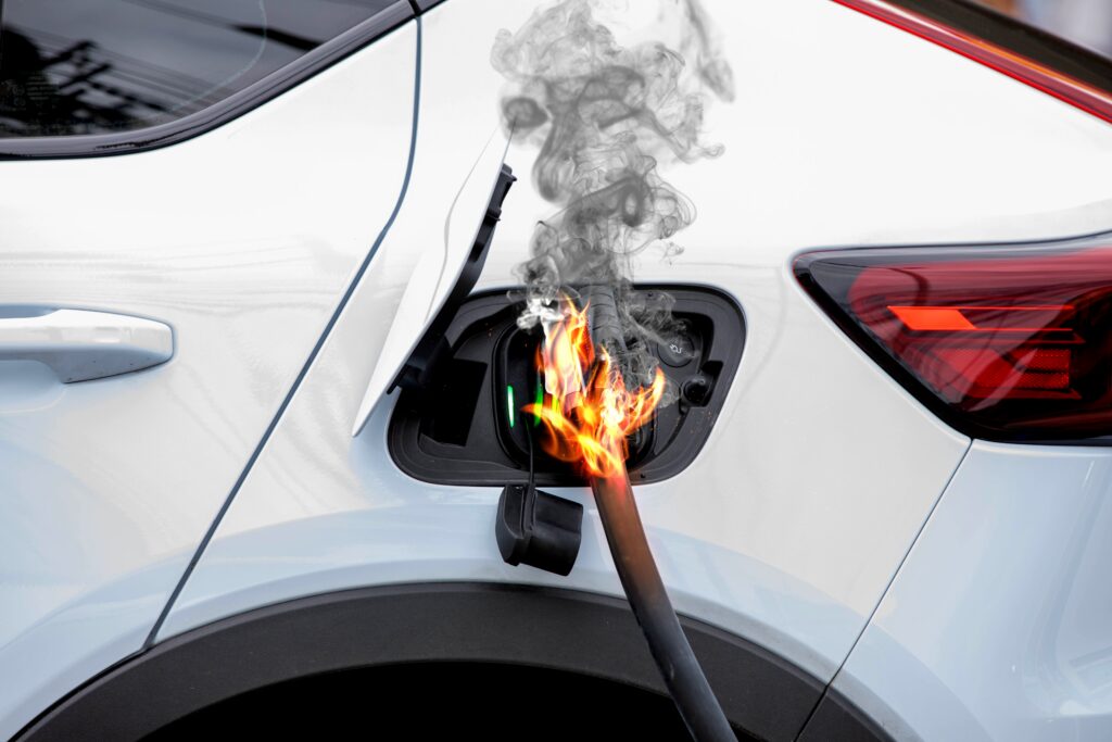 lithium battery on white electric car on fire